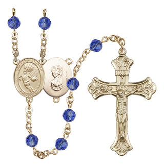 14 Karat Gold-Filled 6mm Austrian Crystal Saint Christopher/Basketball Rosary in Sapphire