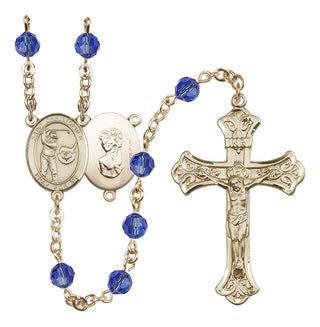 14 Karat Gold-Filled 6mm Austrian Crystal Saint Christopher/Golf Rosary in Sapphire