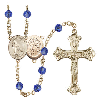14 Karat Gold-Filled 6mm Austrian Crystal Saint Sebastian / Football Rosary in Sapphire