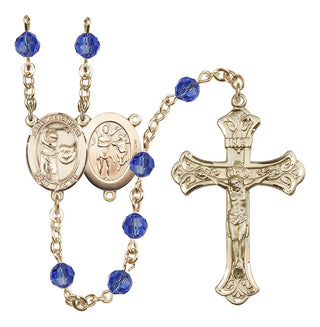 14 Karat Gold-Filled 6mm Austrian Crystal Saint Sebastian / Golf Rosary in Sapphire