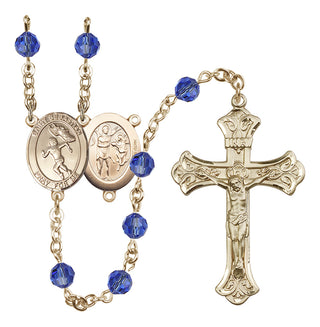 14 Karat Gold-Filled 6mm Austrian Crystal Saint Sebastian /Track&Field-Women Rosary in Sapphire