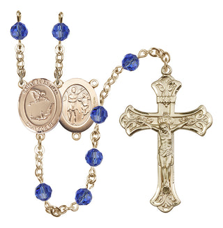 14 Karat Gold-Filled 6mm Austrian Crystal Saint Sebastian/Gymnastics Rosary in Sapphire