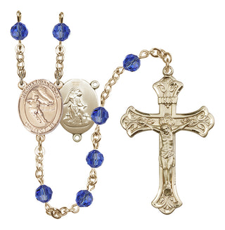 14 Karat Gold-Filled 6mm Austrian Crystal Guardian Angel/Hockey Rosary in Sapphire