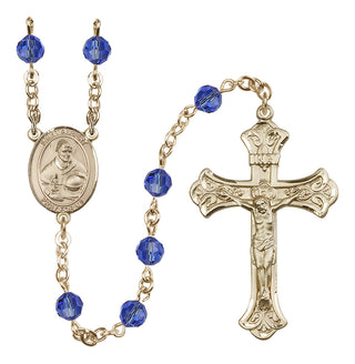 14 Karat Gold 6mm Austrian Crystal Saint Albert the Great Rosary in Sapphire