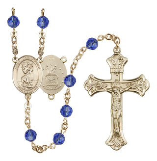 14 Karat Gold 6mm Austrian Crystal Saint Christopher / Air Force Rosary in Sapphire
