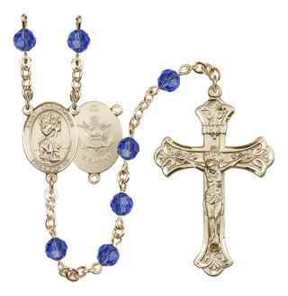14 Karat Gold 6mm Austrian Crystal Saint Christopher / Army Rosary in Sapphire