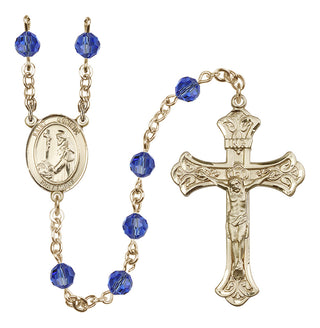 14 Karat Gold 6mm Austrian Crystal Saint Dominic de Guzman Rosary in Sapphire