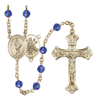 14 Karat Gold 6mm Austrian Crystal Saint Florian/Firefighter Rosary in Sapphire