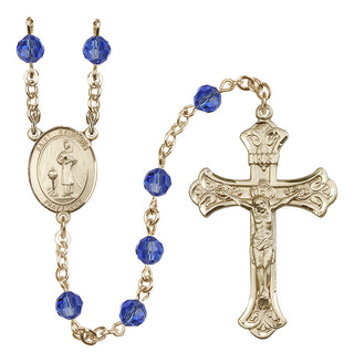 14 Karat Gold 6mm Austrian Crystal Saint Genesius of Rome Rosary in Sapphire