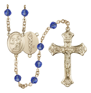 14 Karat Gold 6mm Austrian Crystal Saint Luke the Apostle / Doctor Rosary in Sapphire
