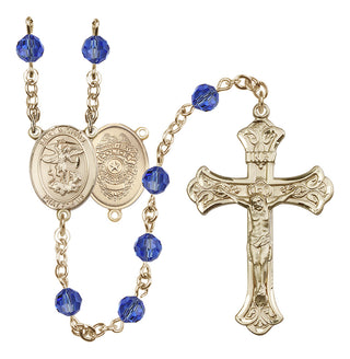 14 Karat Gold 6mm Austrian Crystal Saint Michael the Archangel/Policeman Rosary in Sapphire