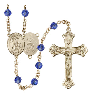 14 Karat Gold 6mm Austrian Crystal Guardian Angel / Air Force Rosary in Sapphire