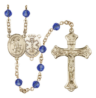 14 Karat Gold 6mm Austrian Crystal Guardian Angel/1st Responders Rosary in Sapphire
