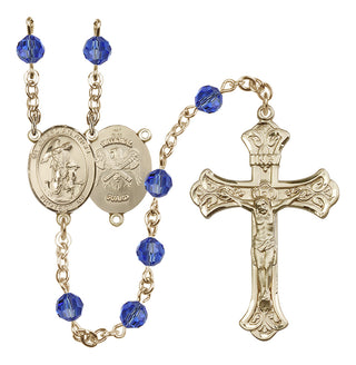 14 Karat Gold 6mm Austrian Crystal Guardian Angel / Nat'l Guard Rosary in Sapphire