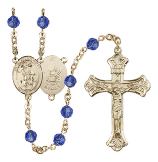 14 Karat Gold 6mm Austrian Crystal Guardian Angel / Navy Rosary in Sapphire