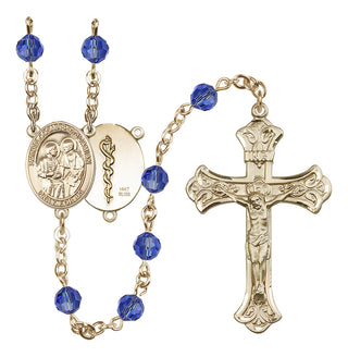 14 Karat Gold 6mm Austrian Crystal Saints Cosmas & Damian / Doctors Rosary in Sapphire