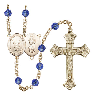 14 Karat Gold 6mm Austrian Crystal Saint Christopher/Gymnastics Rosary in Sapphire