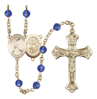 14 Karat Gold 6mm Austrian Crystal Saint Sebastian/Baseball Rosary in Sapphire