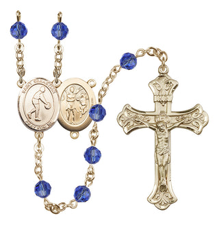 14 Karat Gold 6mm Austrian Crystal Saint Sebastian/Basketball Rosary in Sapphire