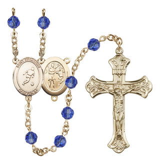 14 Karat Gold 6mm Austrian Crystal Saint Sebastian/Soccer Rosary in Sapphire