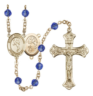 14 Karat Gold 6mm Austrian Crystal Saint Sebastian/Martial Arts Rosary in Sapphire