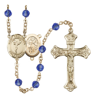 14 Karat Gold 6mm Austrian Crystal Saint Sebastian/Cheerleading Rosary in Sapphire