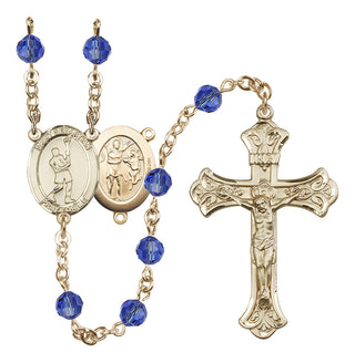 14 Karat Gold 6mm Austrian Crystal Saint Sebastian/Lacrosse Rosary in Sapphire