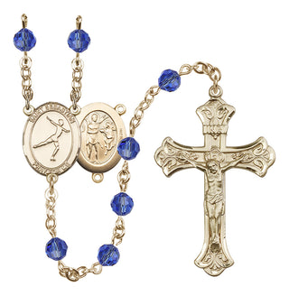 14 Karat Gold 6mm Austrian Crystal Saint Sebastian/Figure Skating Rosary in Sapphire