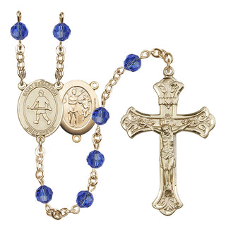 14 Karat Gold 6mm Austrian Crystal Saint Sebastian/Field Hockey Rosary in Sapphire