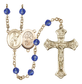 14 Karat Gold 6mm Austrian Crystal Saint Sebastian / Rodeo Rosary in Sapphire