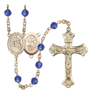 14 Karat Gold 6mm Austrian Crystal Saint Sebastian / Motorcycle Rosary in Sapphire