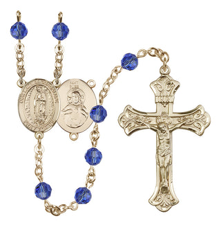 14 Karat Gold 6mm Austrian Crystal Our Lady of Guadalupe Rosary in Sapphire