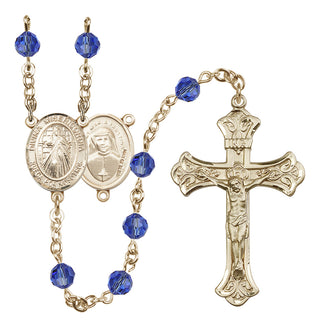 14 Karat Gold 6mm Austrian Crystal Divina Misericordia Rosary in Sapphire