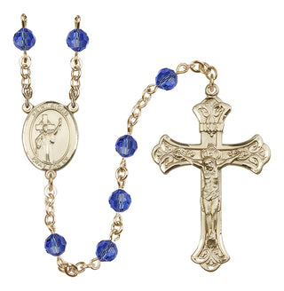 14 Karat Gold 6mm Austrian Crystal Saint Aidan of Lindesfarne Rosary in Sapphire