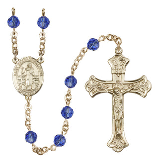 14 Karat Gold 6mm Austrian Crystal Saint Bernadine of Sienna Rosary in Sapphire