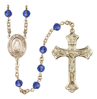 14 Karat Gold 6mm Austrian Crystal Our Lady of Good Help Rosary in Sapphire