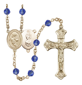14 Karat Gold 6mm Austrian Crystal Saint Christopher/Basketball Rosary in Sapphire