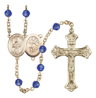 14 Karat Gold 6mm Austrian Crystal Saint Sebastian / Baseball Rosary in Sapphire