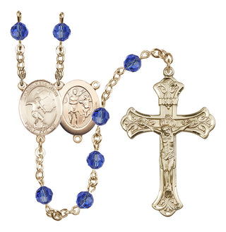 14 Karat Gold 6mm Austrian Crystal Saint Sebastian / Soccer Rosary in Sapphire