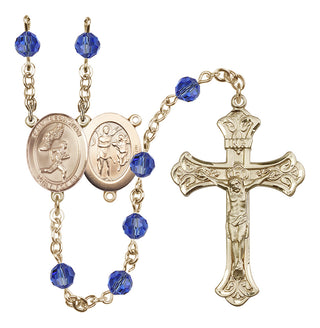 14 Karat Gold 6mm Austrian Crystal Saint Sebastian /Track&Field-Men Rosary in Sapphire