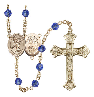 14 Karat Gold 6mm Austrian Crystal Saint Sebastian/Swimming Rosary in Sapphire