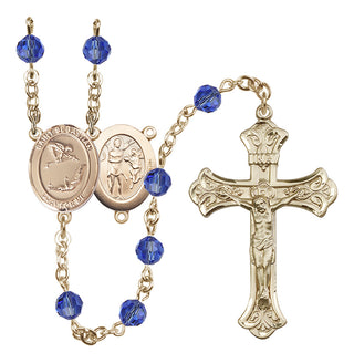 14 Karat Gold 6mm Austrian Crystal Saint Sebastian/Gymnastics Rosary in Sapphire