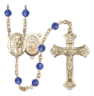 14 Karat Gold 6mm Austrian Crystal Saint Sebastian/Karate Rosary in Sapphire