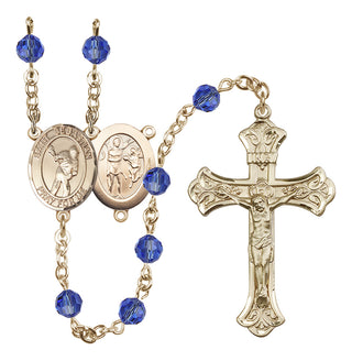 14 Karat Gold 6mm Austrian Crystal Saint Sebastian/Lacrosse Rosary in Sapphire