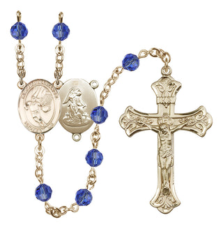 14 Karat Gold 6mm Austrian Crystal Guardian Angel/Basketball Rosary in Sapphire