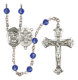 Sterling Silver 6mm Austrian Crystal Saint Michael / EMT Rosary in Sapphire