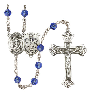 Sterling Silver 6mm Austrian Crystal Saint Michael/1St Responder Rosary in Sapphire