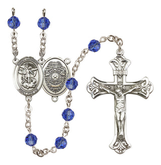 Sterling Silver 6mm Austrian Crystal Saint Michael the Archangel/Policeman Rosary in Sapphire
