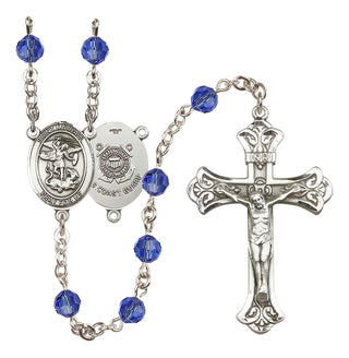 Sterling Silver 6mm Austrian Crystal Saint Michael / Coast Guard Rosary in Sapphire