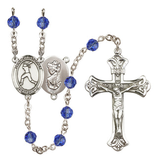 Sterling Silver 6mm Austrian Crystal Saint Christopher/Softball Rosary in Sapphire